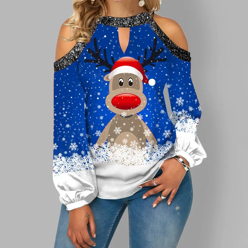 2023 Christmas Tree Print Long Sleeve T-Shirt Green Women - Image 2