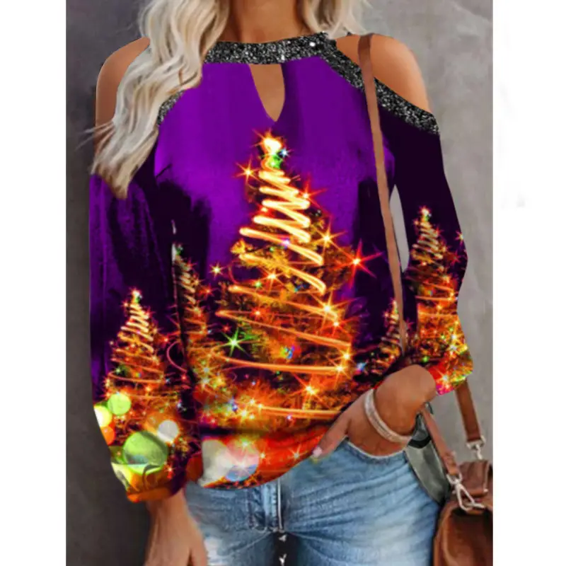 2023 Christmas Tree Print Long Sleeve T-Shirt Green Women - Image 9