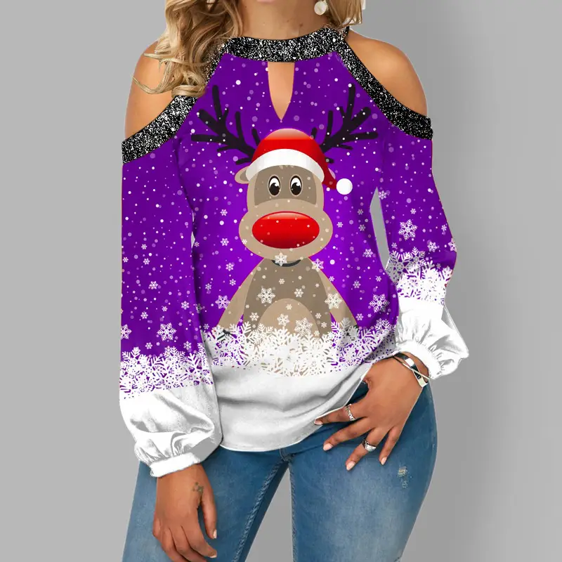 2023 Christmas Tree Print Long Sleeve T-Shirt Green Women - Image 4