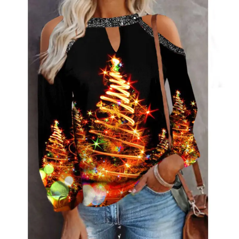 2023 Christmas Tree Print Long Sleeve T-Shirt Green Women - Image 5