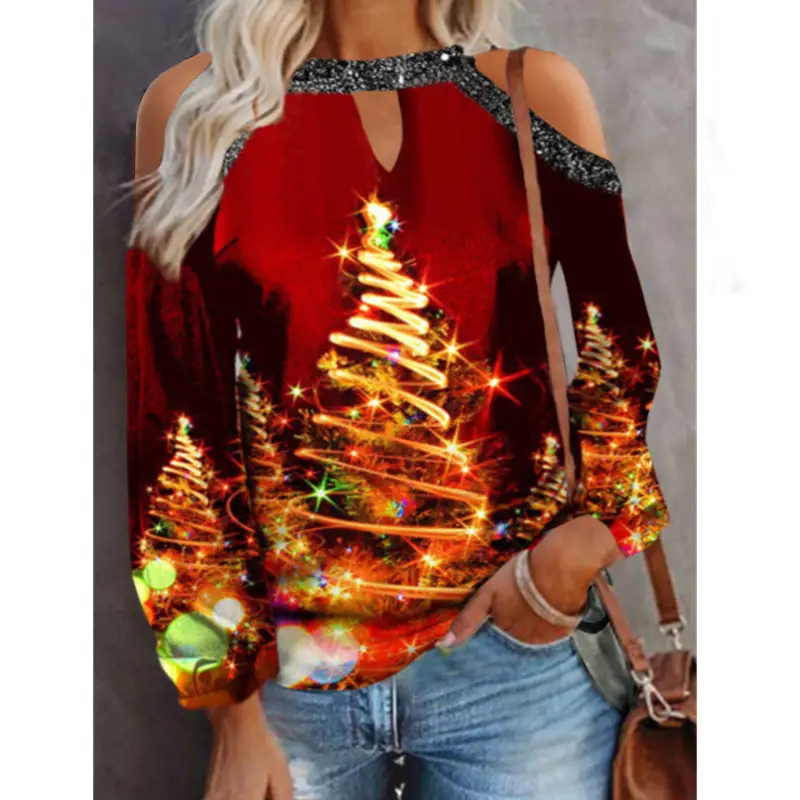 2023 Christmas Tree Print Long Sleeve T-Shirt Green Women - Image 6