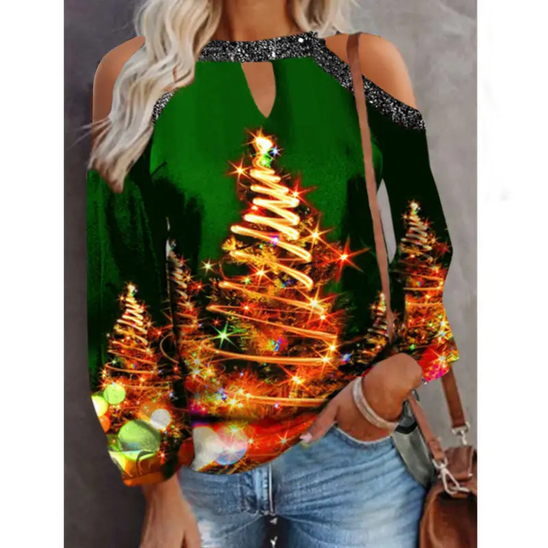 2023 Christmas Tree Print Long Sleeve T-Shirt Green Women - Image 8