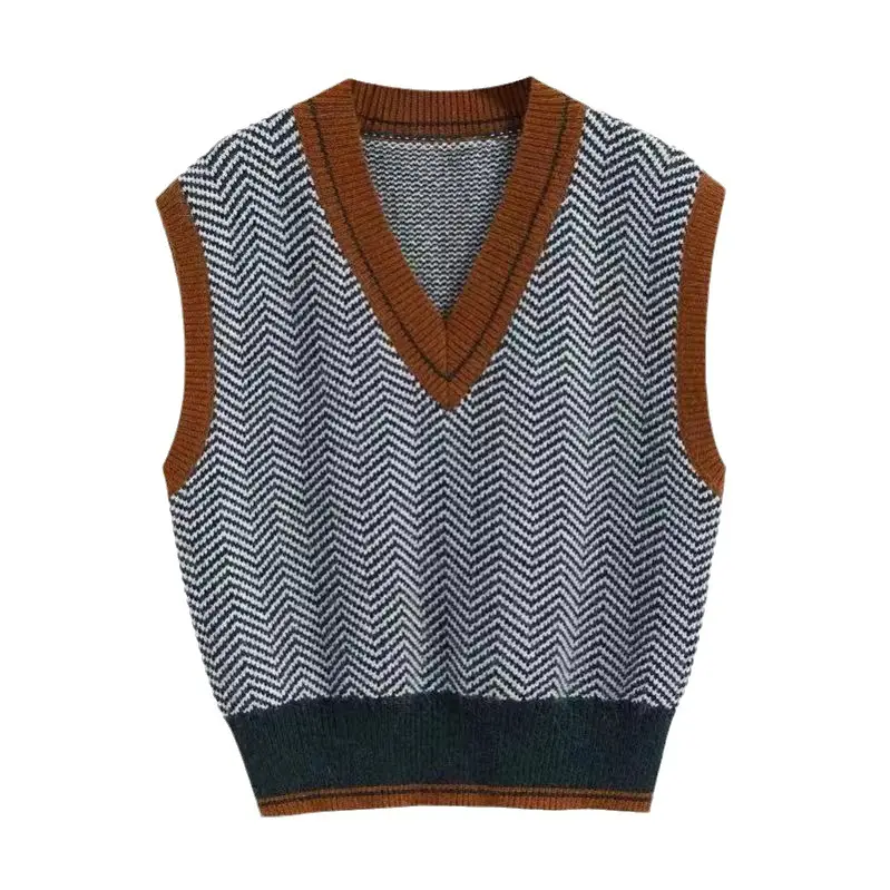 Women V-Neck Knitted Vest Brown Sleeve - Image 5