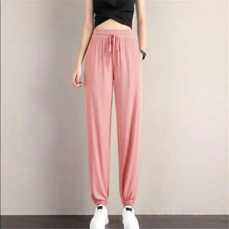 Women's Pink Loose Leg Trousers Ice Silk Casual Pants - Image 10