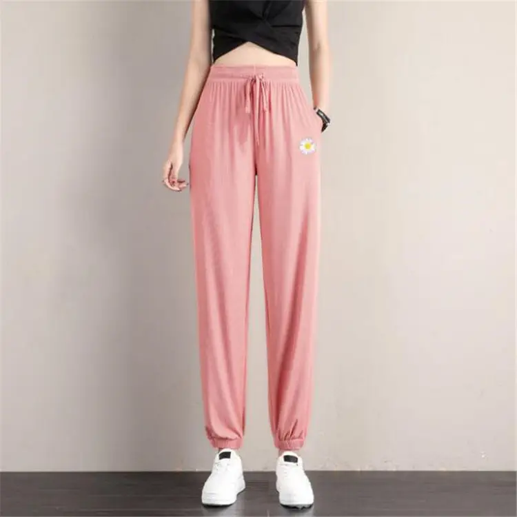 Women's Pink Loose Leg Trousers Ice Silk Casual Pants - Image 12
