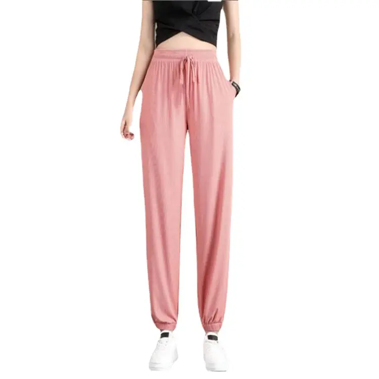 Women's Pink Loose Leg Trousers Ice Silk Casual Pants - Image 13