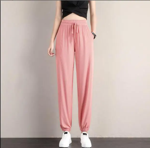 Women's Pink Loose Leg Trousers Ice Silk Casual Pants - Image 5