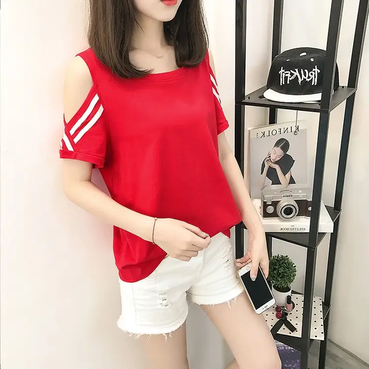 Women's Red Off-Shoulder Slim Fit T-Shirt 2026 — feature 14