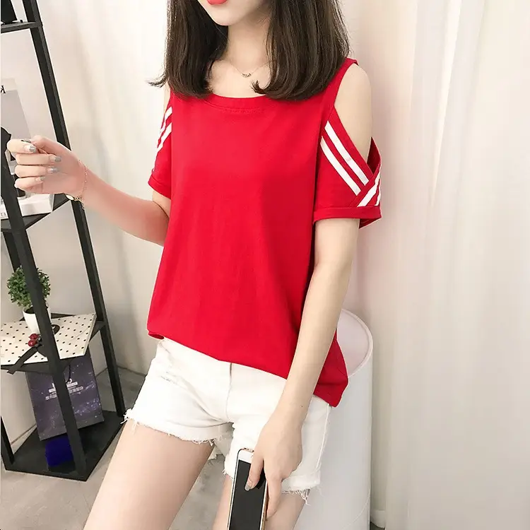 Women's Red Off-Shoulder Slim Fit T-Shirt 2026 - Image 2