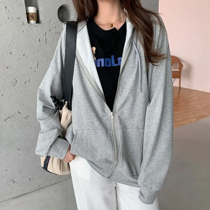 Women Grey Zipper Hooded Jacket Fleece Lined Loose Fit - Image 2