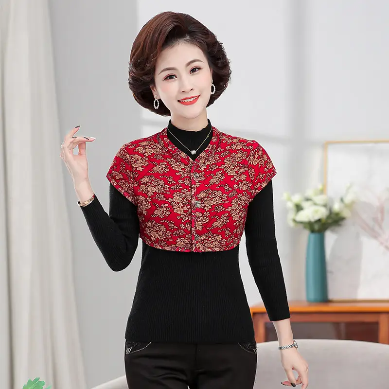 Women Red Floral Warm Shoulder Pad Vest Camel Cotton Winter - Image 11