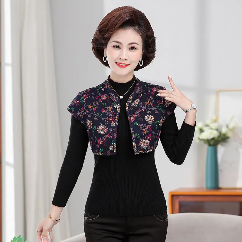 Women Red Floral Warm Shoulder Pad Vest Camel Cotton Winter - Image 4