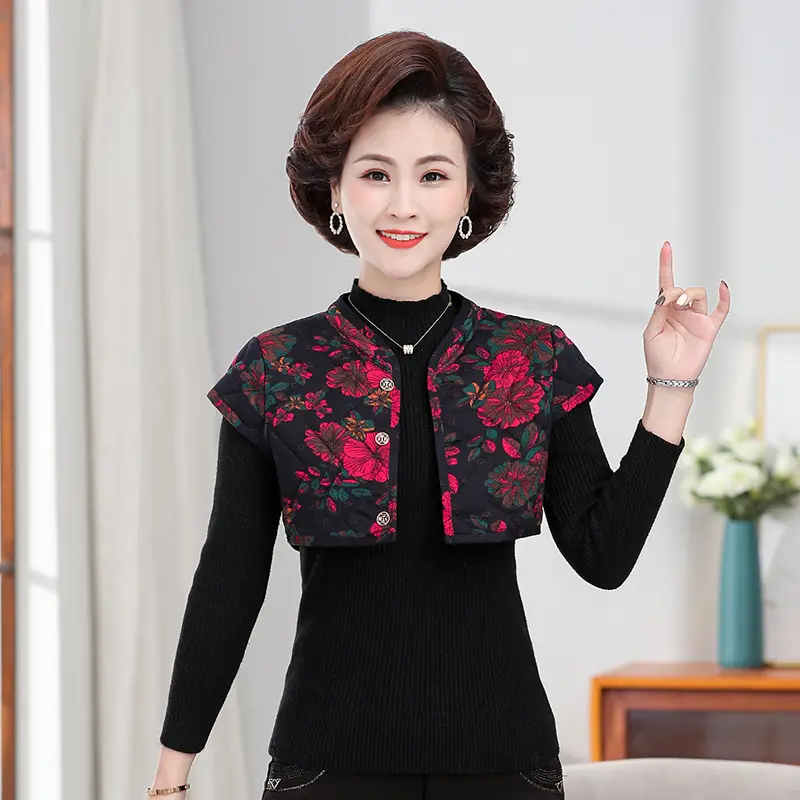 Women Red Floral Warm Shoulder Pad Vest Camel Cotton Winter - Image 5