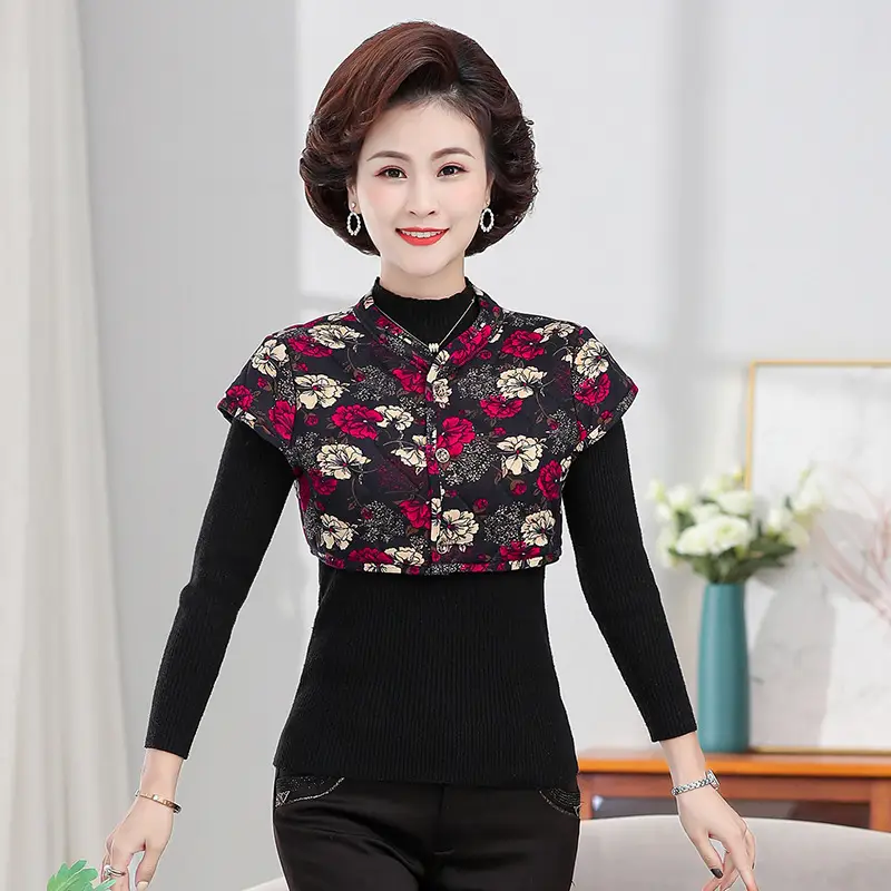 Women Red Floral Warm Shoulder Pad Vest Camel Cotton Winter - Image 6