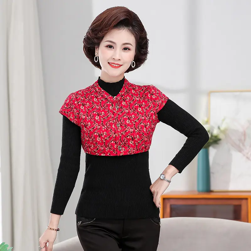Women Red Floral Warm Shoulder Pad Vest Camel Cotton Winter - Image 7