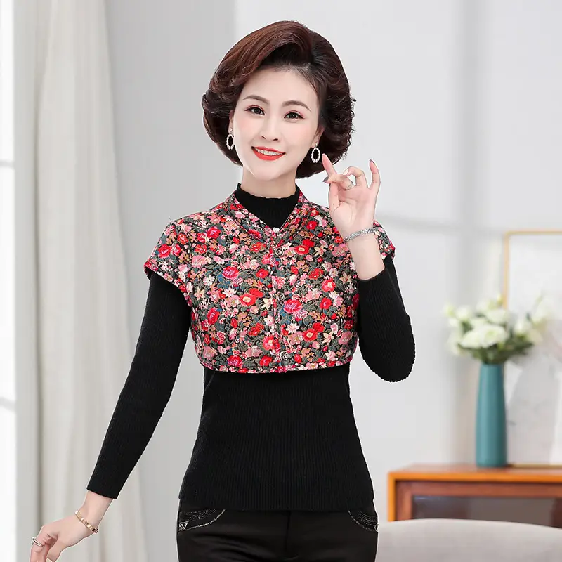 Women Red Floral Warm Shoulder Pad Vest Camel Cotton Winter - Image 8