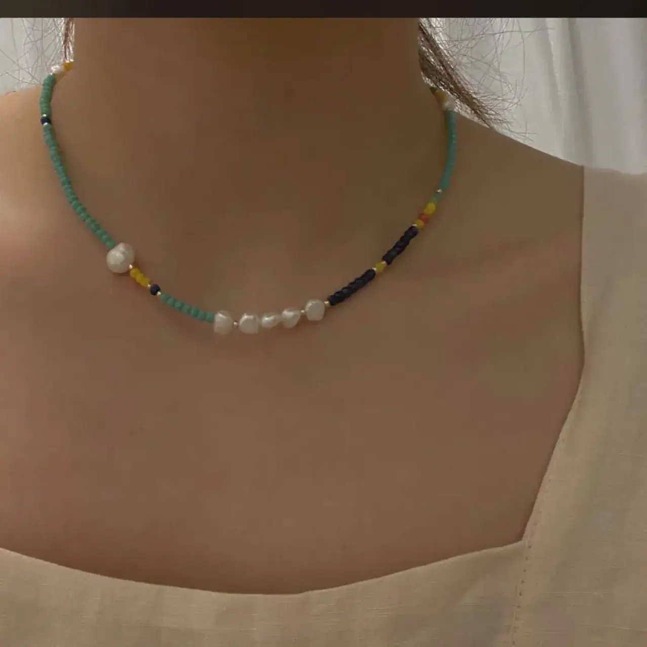 Designer Necklace with Blue & White Beads for Women - Image 2