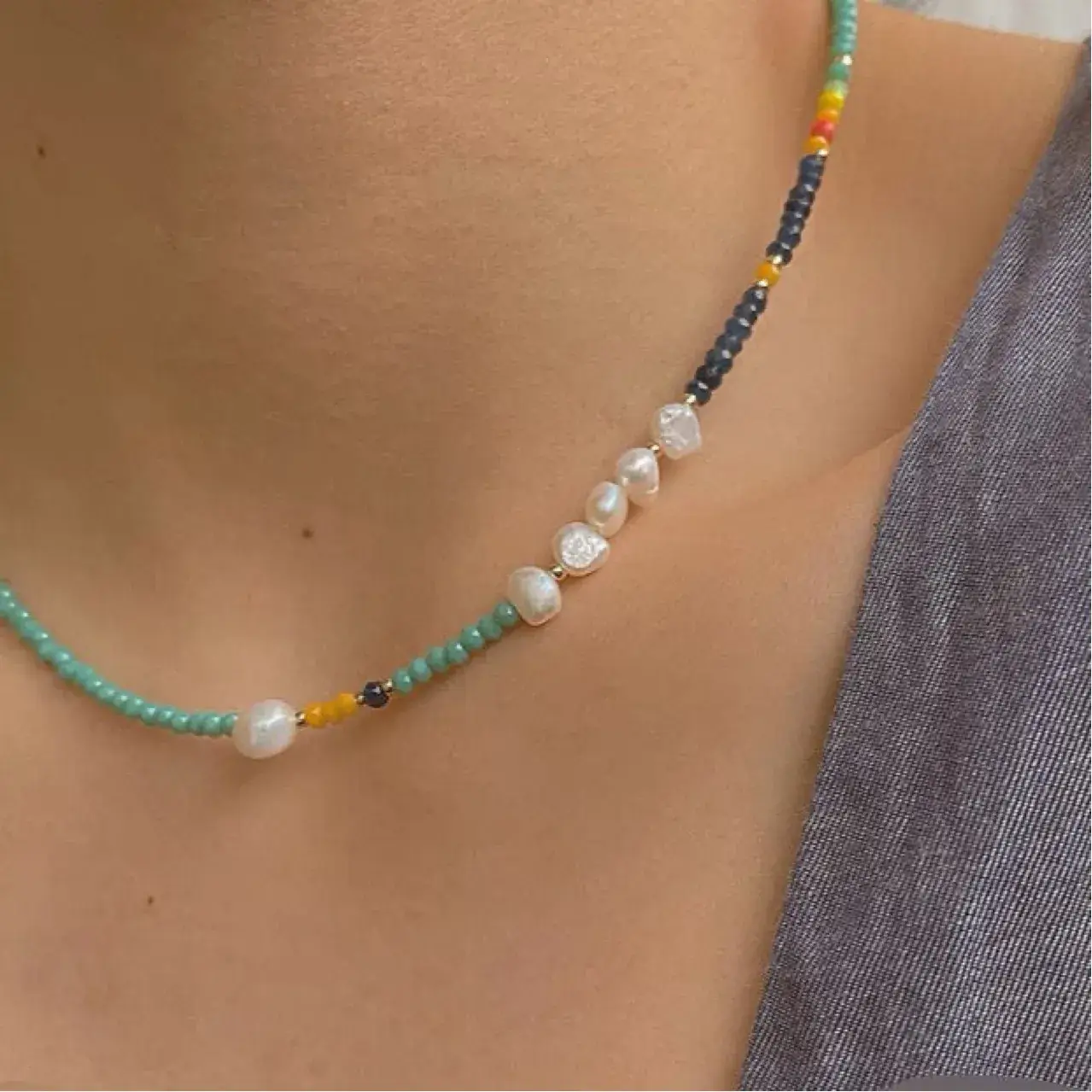 Designer Necklace with Blue & White Beads for Women - Image 6