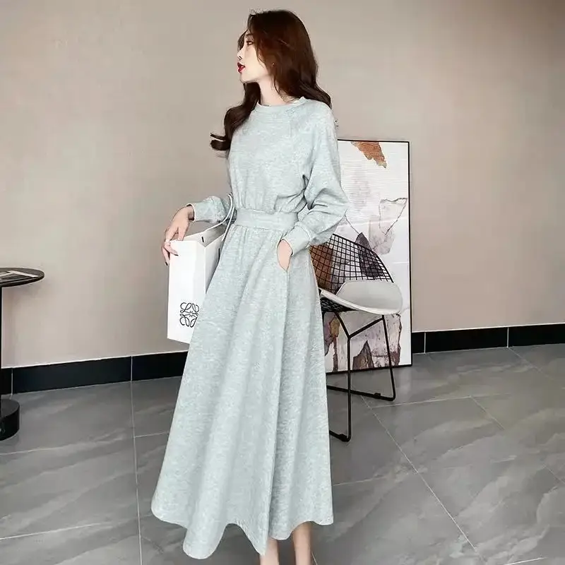 Long Sleeve Draping Dress Women Winter Light Grey - Image 2