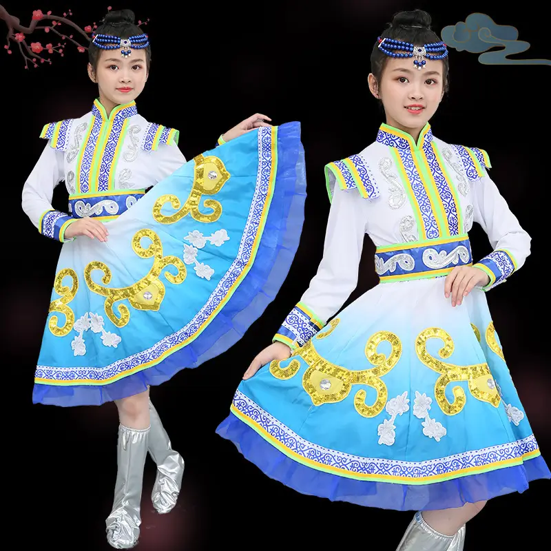 Mongolian Kids Costume White Yellow Kids Dance Dress