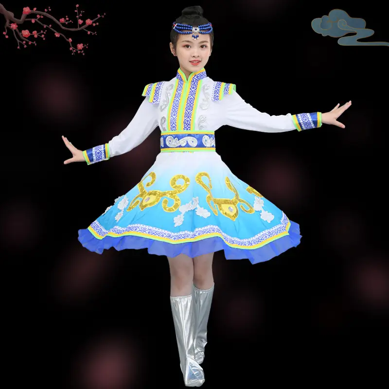 Mongolian Kids Costume White Yellow Kids Dance Dress
