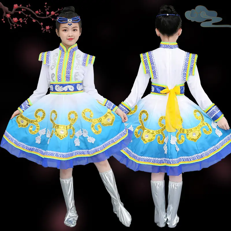 Mongolian Kids Costume White Yellow Kids Dance Dress
