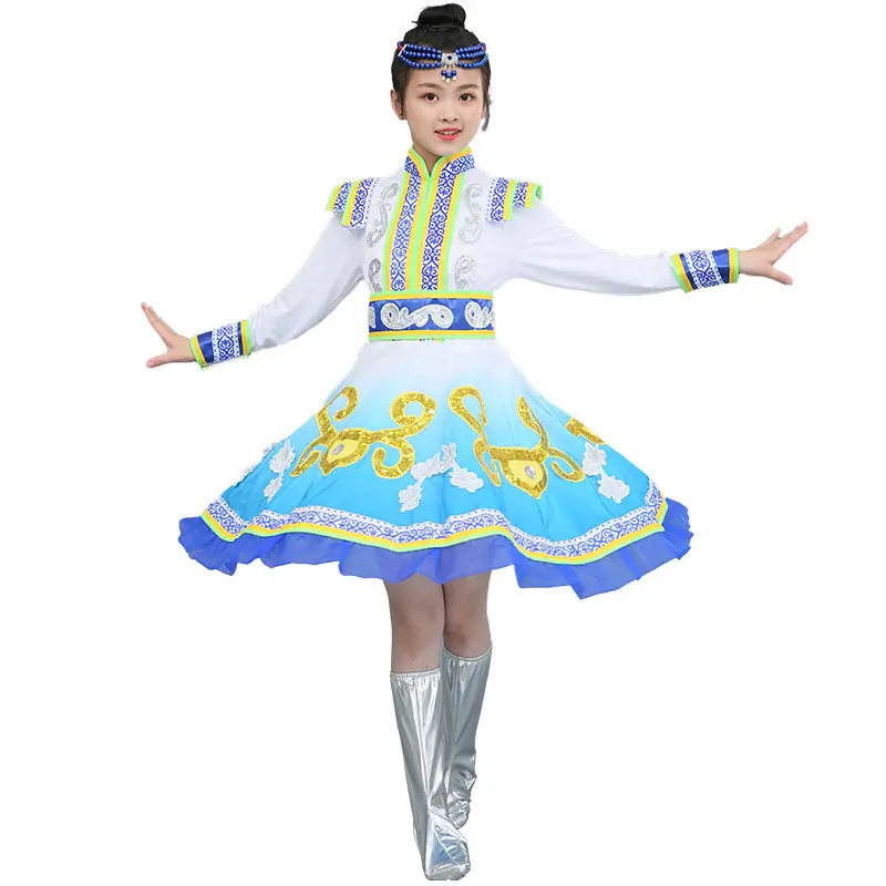 Mongolian Kids Costume White Yellow Kids Dance Dress
