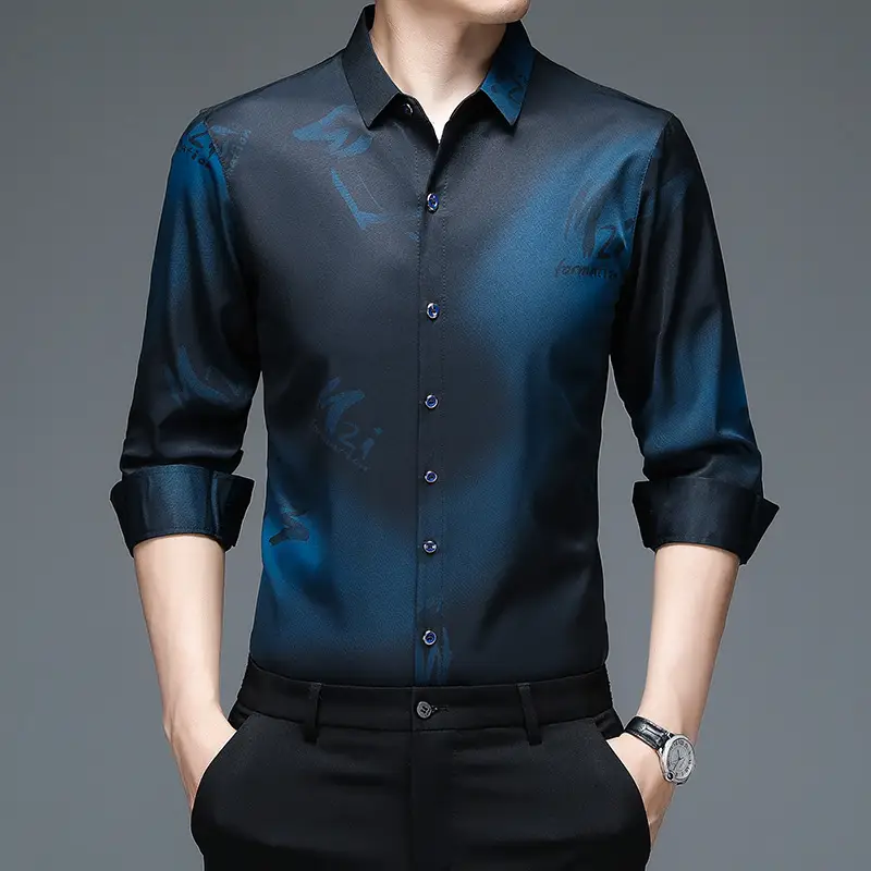 Men's Blue Printed Long Sleeve Shirt Medium - Image 6