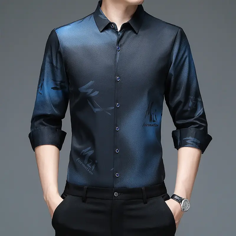 Men's Blue Printed Long Sleeve Shirt Medium - Image 8
