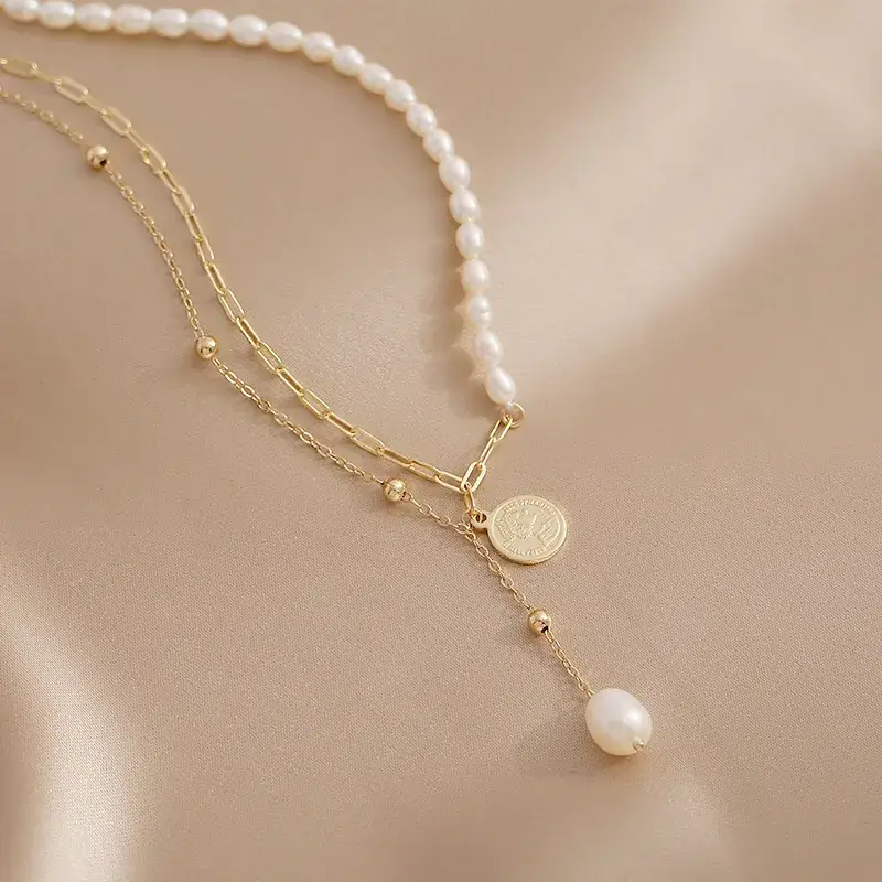 Natural Freshwater Pearl Necklace 14K Gold Multi Layer Women