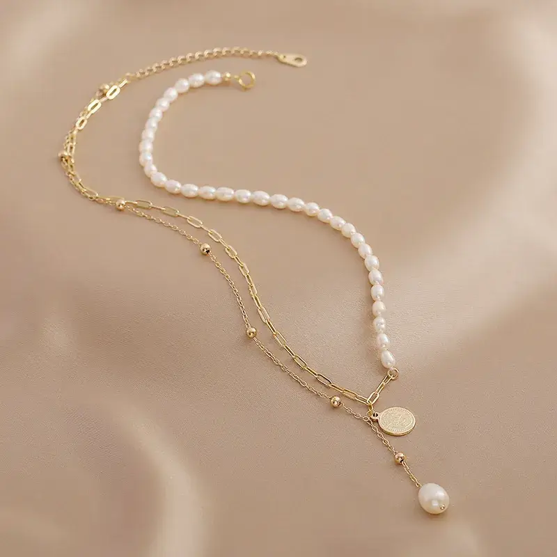 Natural Freshwater Pearl Necklace 14K Gold Multi Layer Women
