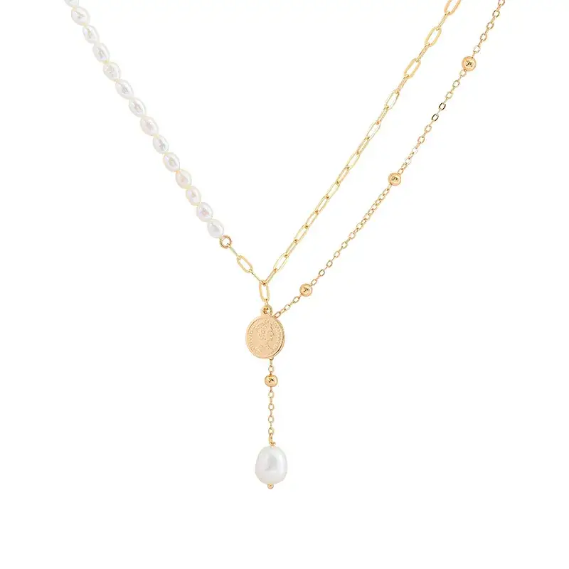 Natural Freshwater Pearl Necklace 14K Gold Multi Layer Women