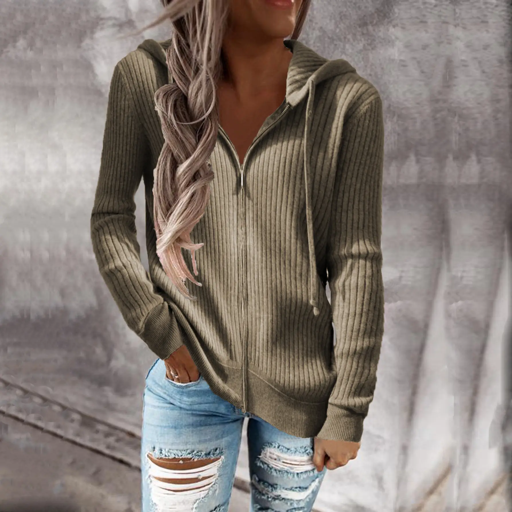 Women's 2021 V-Neck Ribbed Cardigan Long Sleeve Hoodie