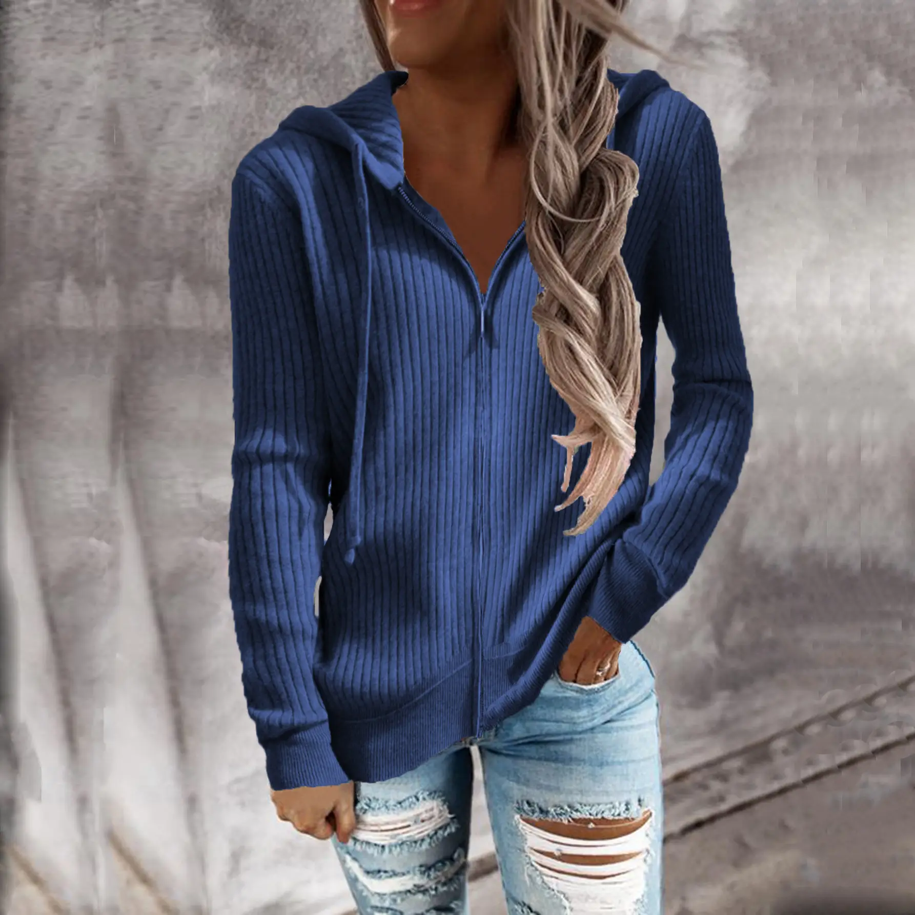 Women's 2021 V-Neck Ribbed Cardigan Long Sleeve Hoodie