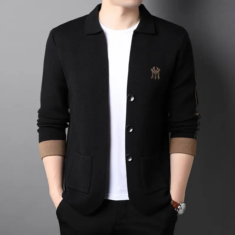 Men's Brown Knitted Cardigan Jacket with Embroidered Logo - Image 2