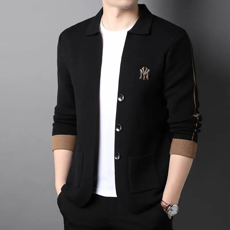 Men's Brown Knitted Cardigan Jacket with Embroidered Logo - Image 4