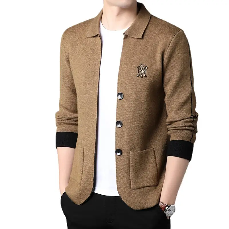 Men's Brown Knitted Cardigan Jacket with Embroidered Logo - Image 5