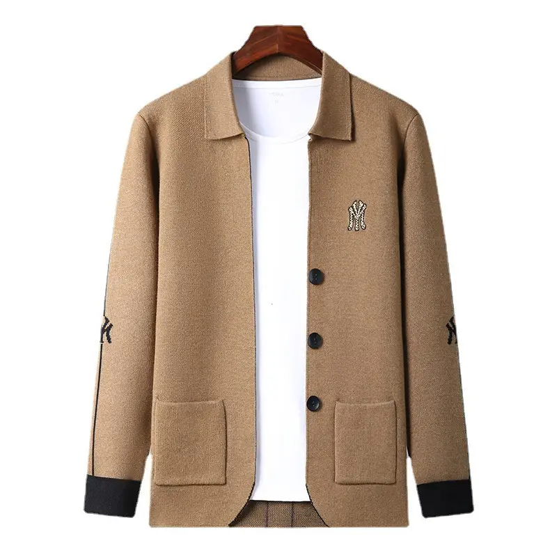 Men's Brown Knitted Cardigan Jacket with Embroidered Logo - Image 6