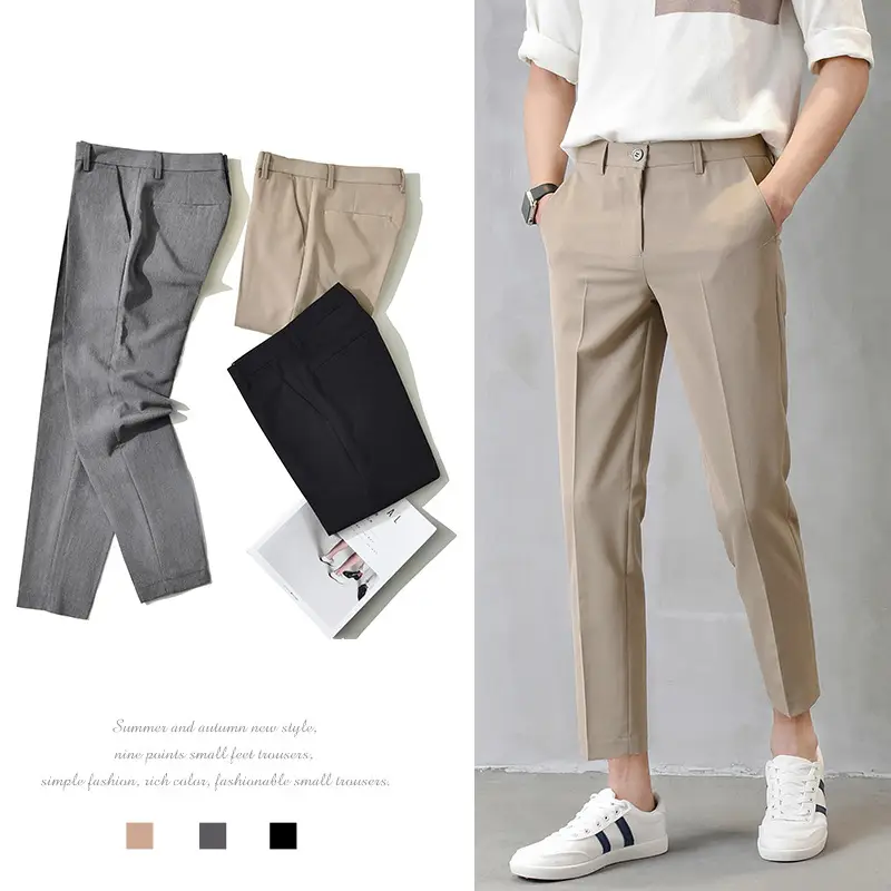 Men Cropped Slim Fit Khaki Skinny Pants Straight Casual - Image 5