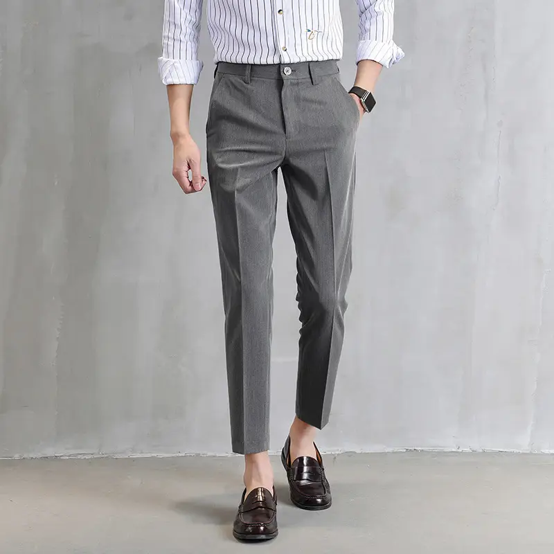 Men Cropped Slim Fit Khaki Skinny Pants Straight Casual - Image 6