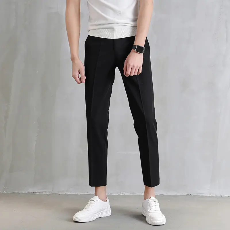 Men Cropped Slim Fit Khaki Skinny Pants Straight Casual - Image 7