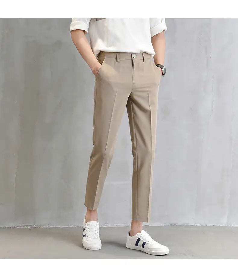 Men Cropped Slim Fit Khaki Skinny Pants Straight Casual — feature 11