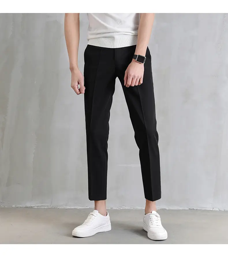Men Cropped Slim Fit Khaki Skinny Pants Straight Casual — feature 12