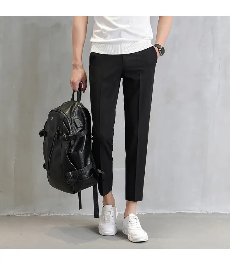 Men Cropped Slim Fit Khaki Skinny Pants Straight Casual — feature 14