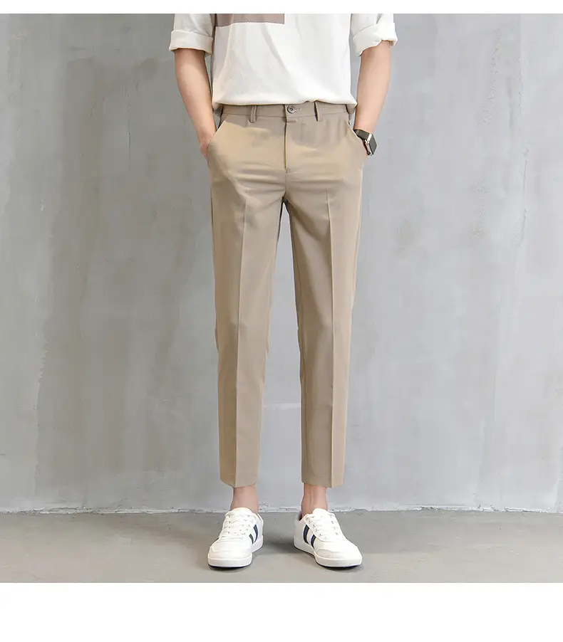 Men Cropped Slim Fit Khaki Skinny Pants Straight Casual — feature 8