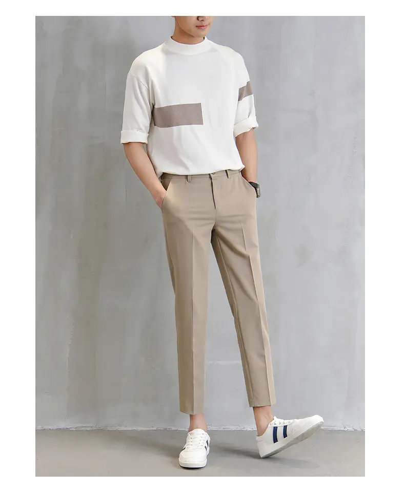 Men Cropped Slim Fit Khaki Skinny Pants Straight Casual — feature 9