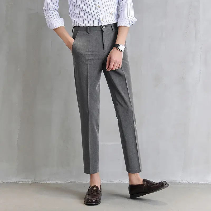 Men Cropped Slim Fit Khaki Skinny Pants Straight Casual - Image 2