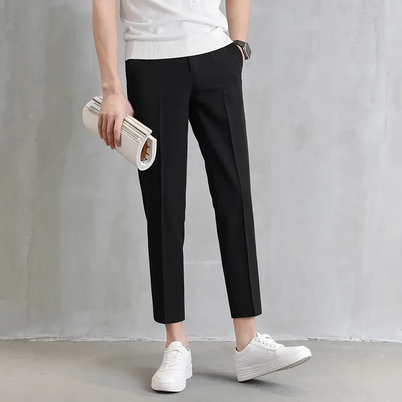 Men Cropped Slim Fit Khaki Skinny Pants Straight Casual - Image 3