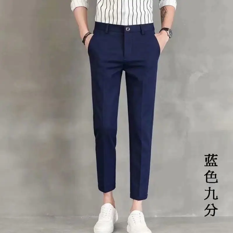 Men Cropped Slim Fit Khaki Skinny Pants Straight Casual - Image 4