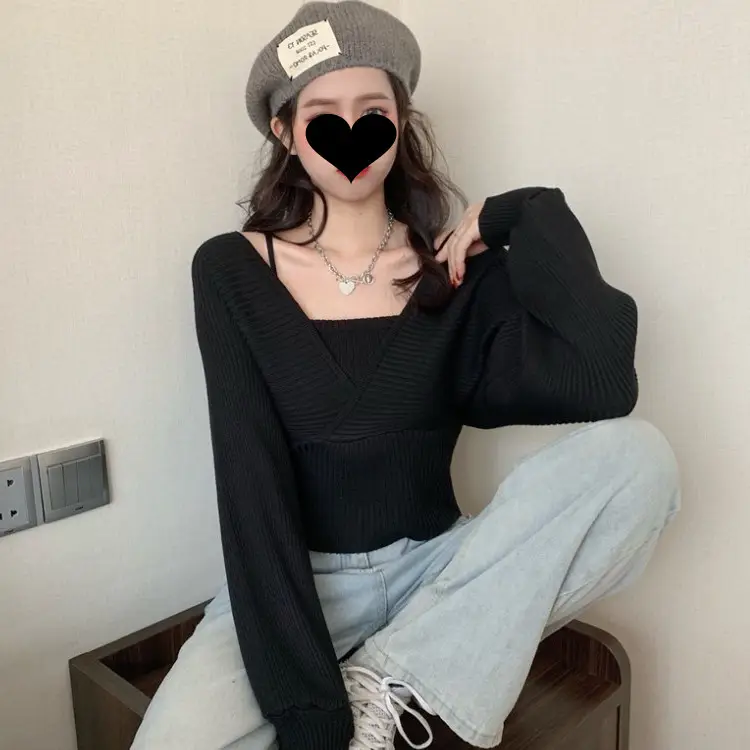 Black French Niche Waist Slimmer Knit Top for Women - Image 3